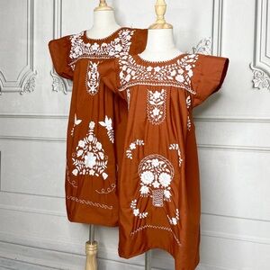 University of Texas Mexican Puebla Dress, Burnt Orange W/Ivory Embroidery SM